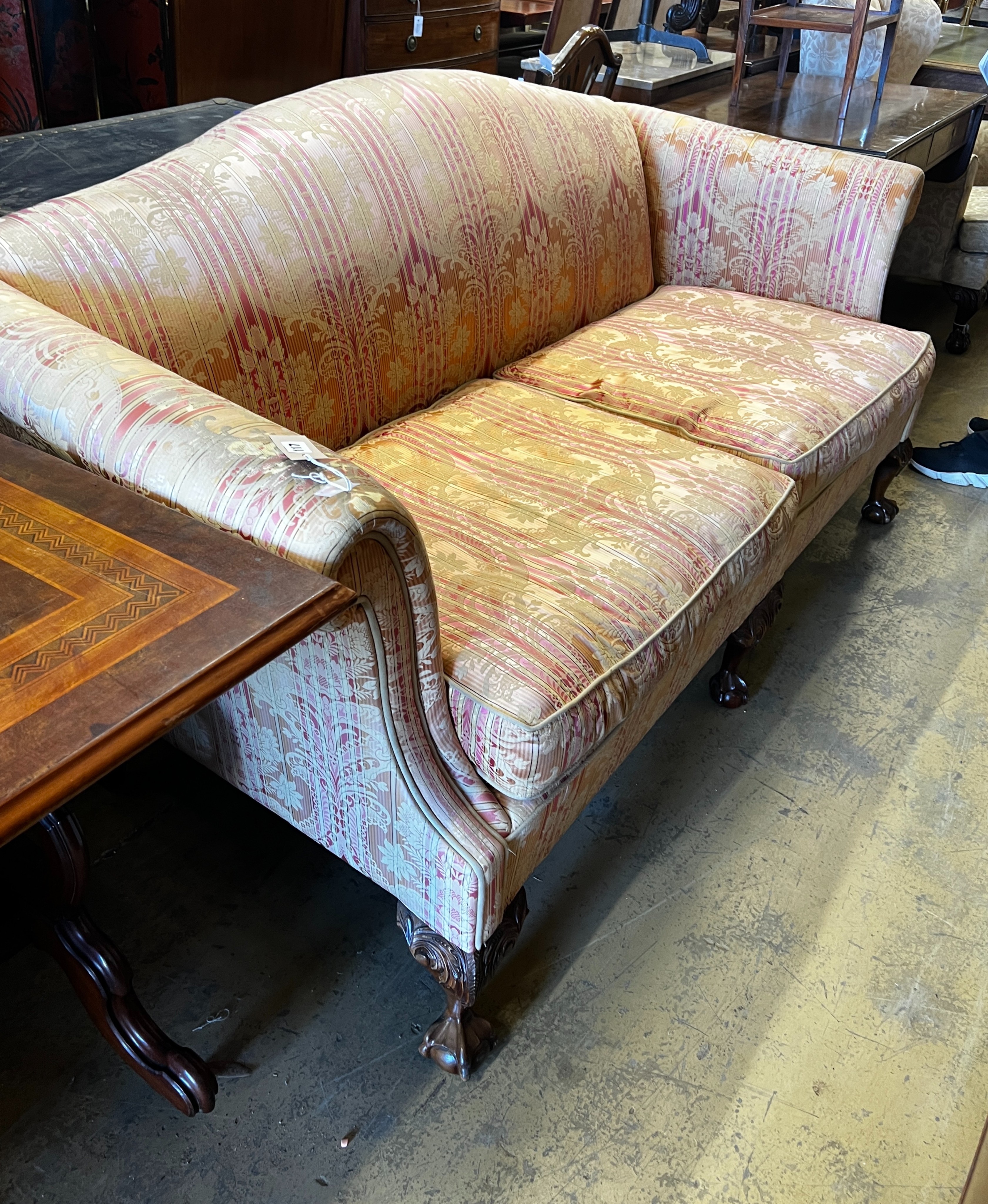 An early 20th century George III style upholstered mahogany settee, length 190cm, width 85cm, height 92cm